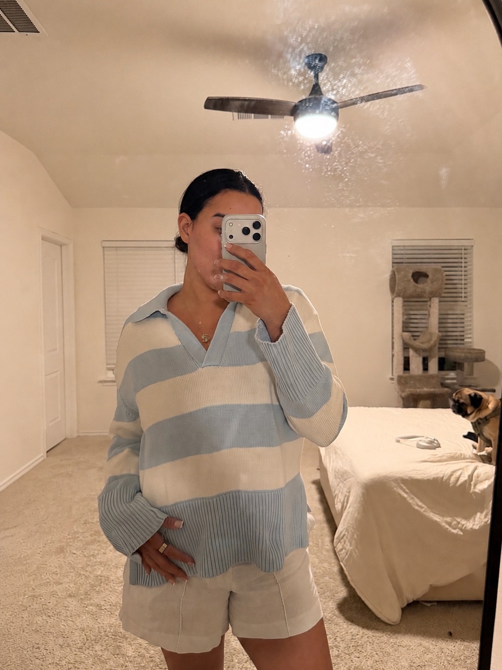 Relaxed Collared Stripe Knit Sweater - Light Blue & Cream